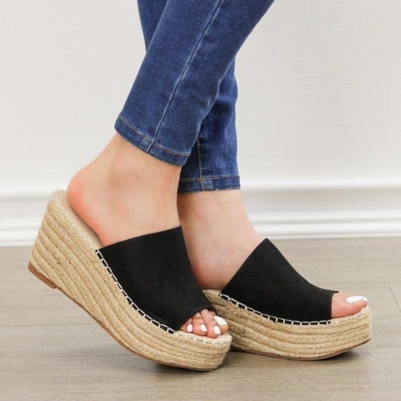 Shoes - Open Toe Espadrille Slide Sandals Wedge Heel